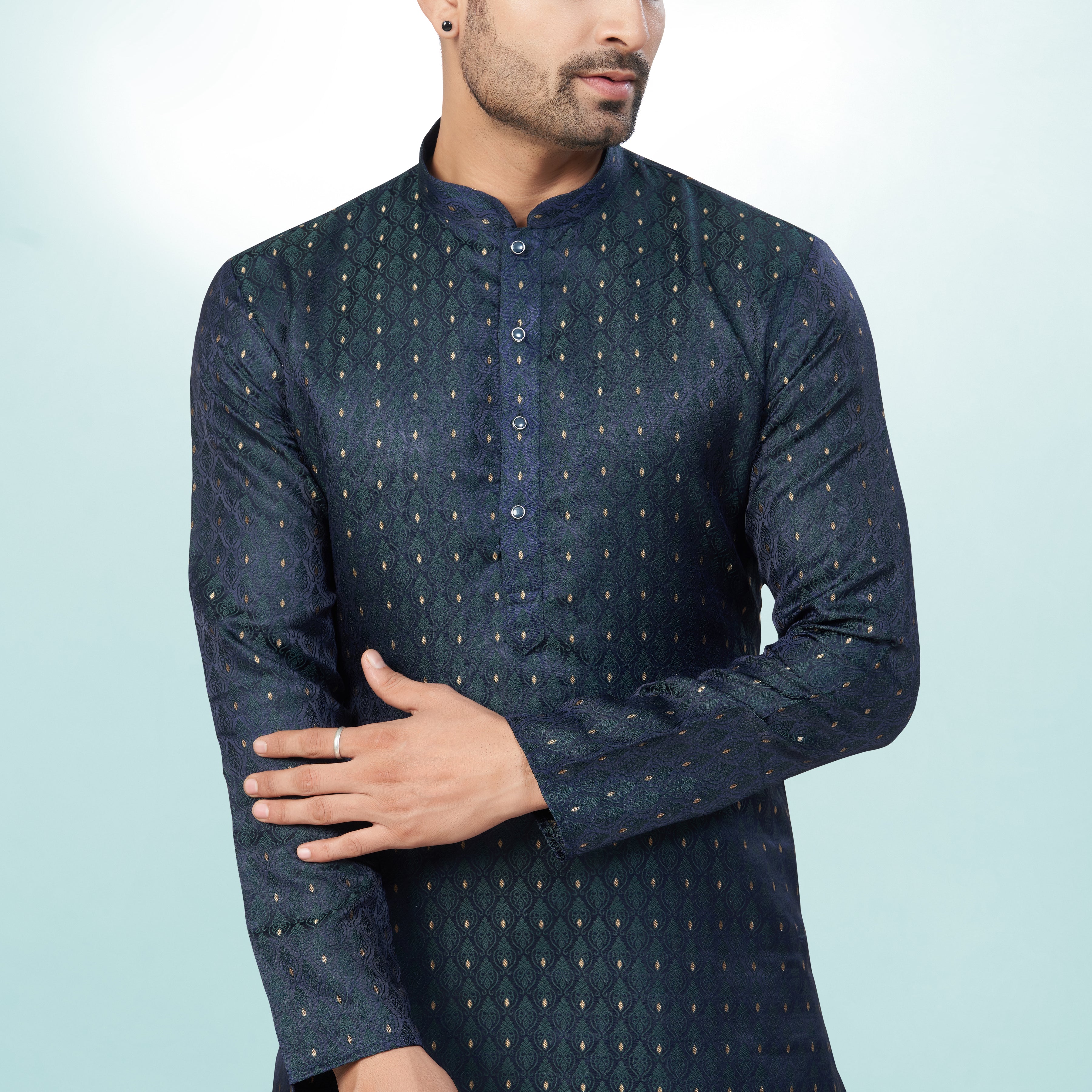Self Design Rama Green Silk Kurta For Men | Silk/ Self- Woven Work