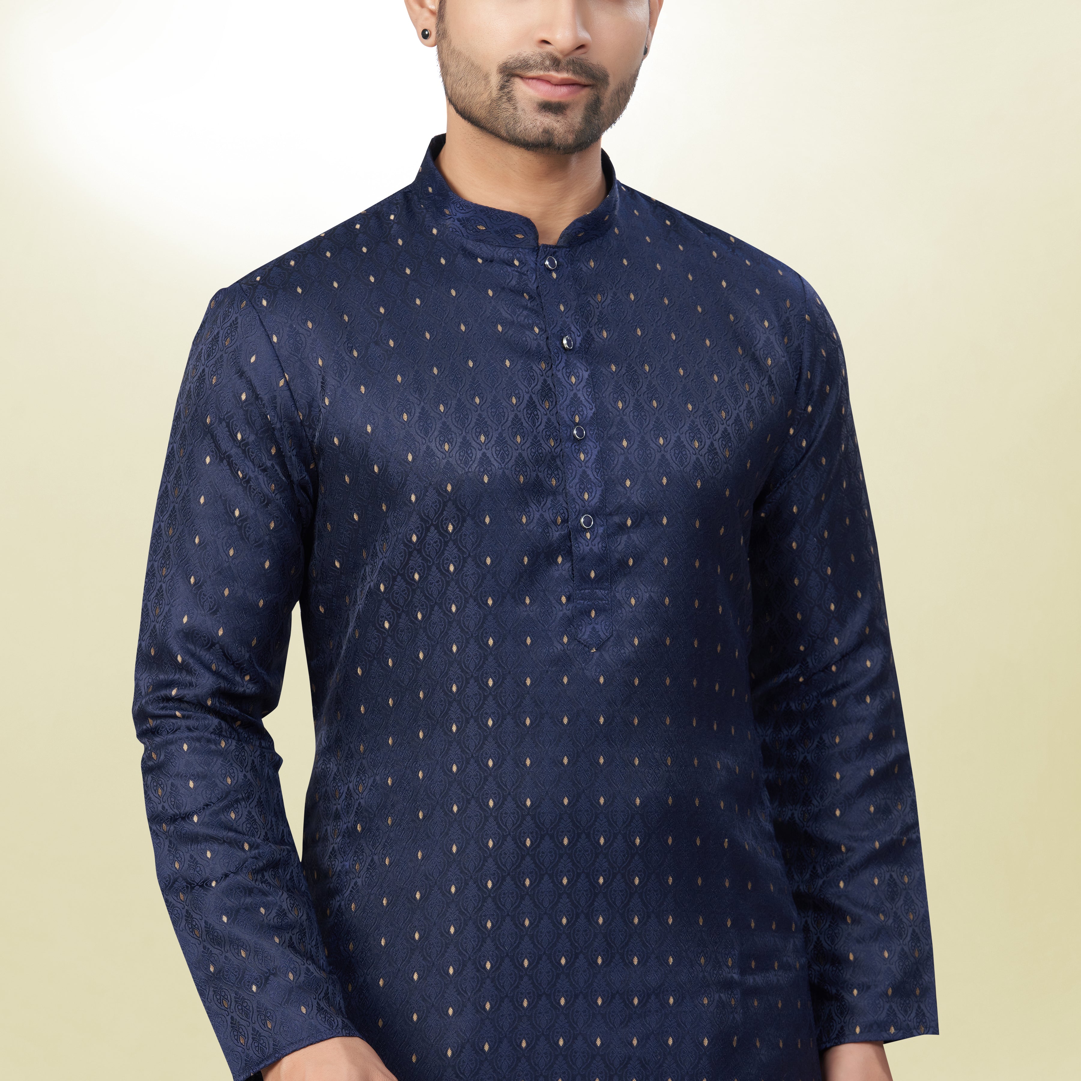 Self Design Navy Blue Silk Kurta | Silk/ Self- Woven Work