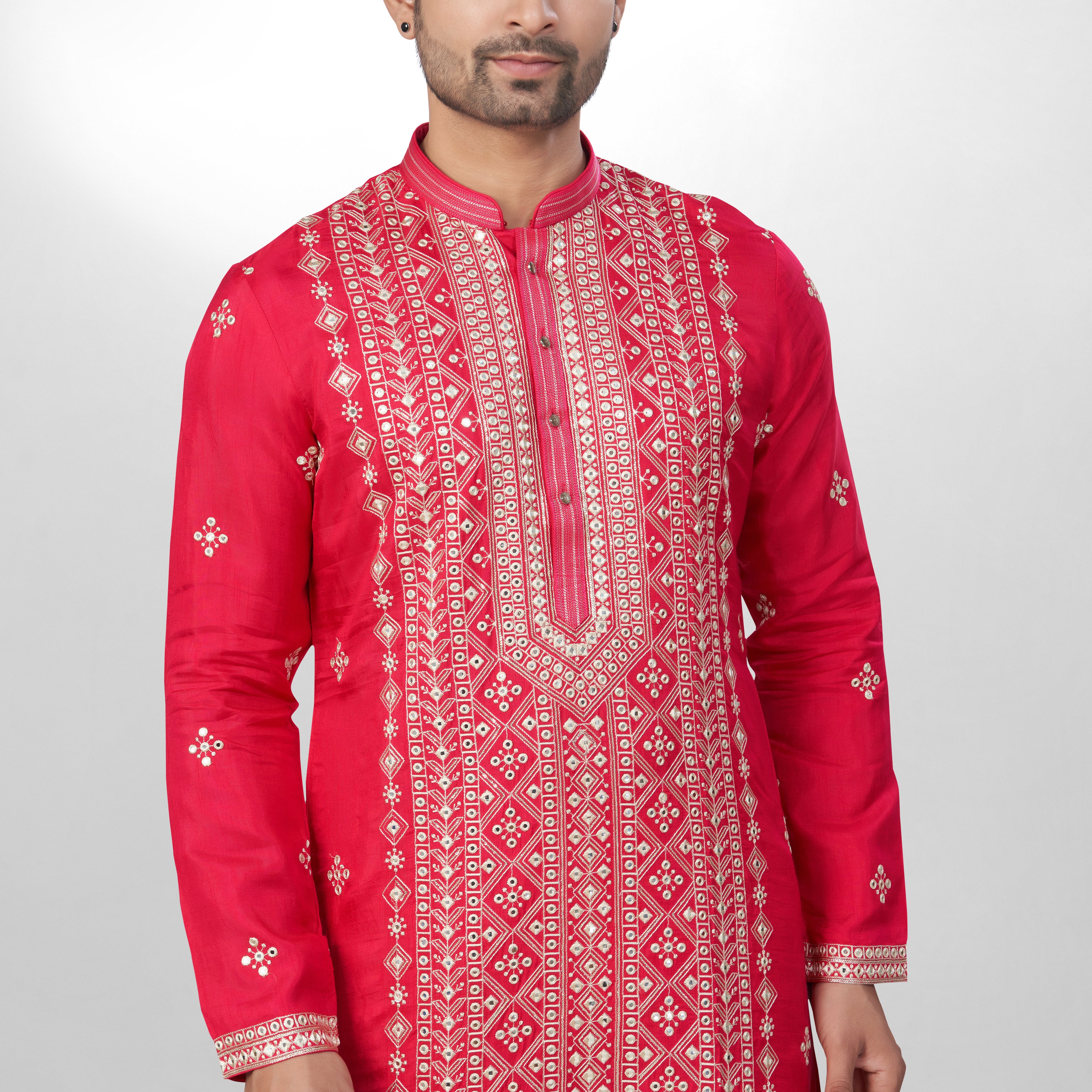 Lustrous Rani red Silk Kurta for men - Heavy Mirror & Thread Embroidery