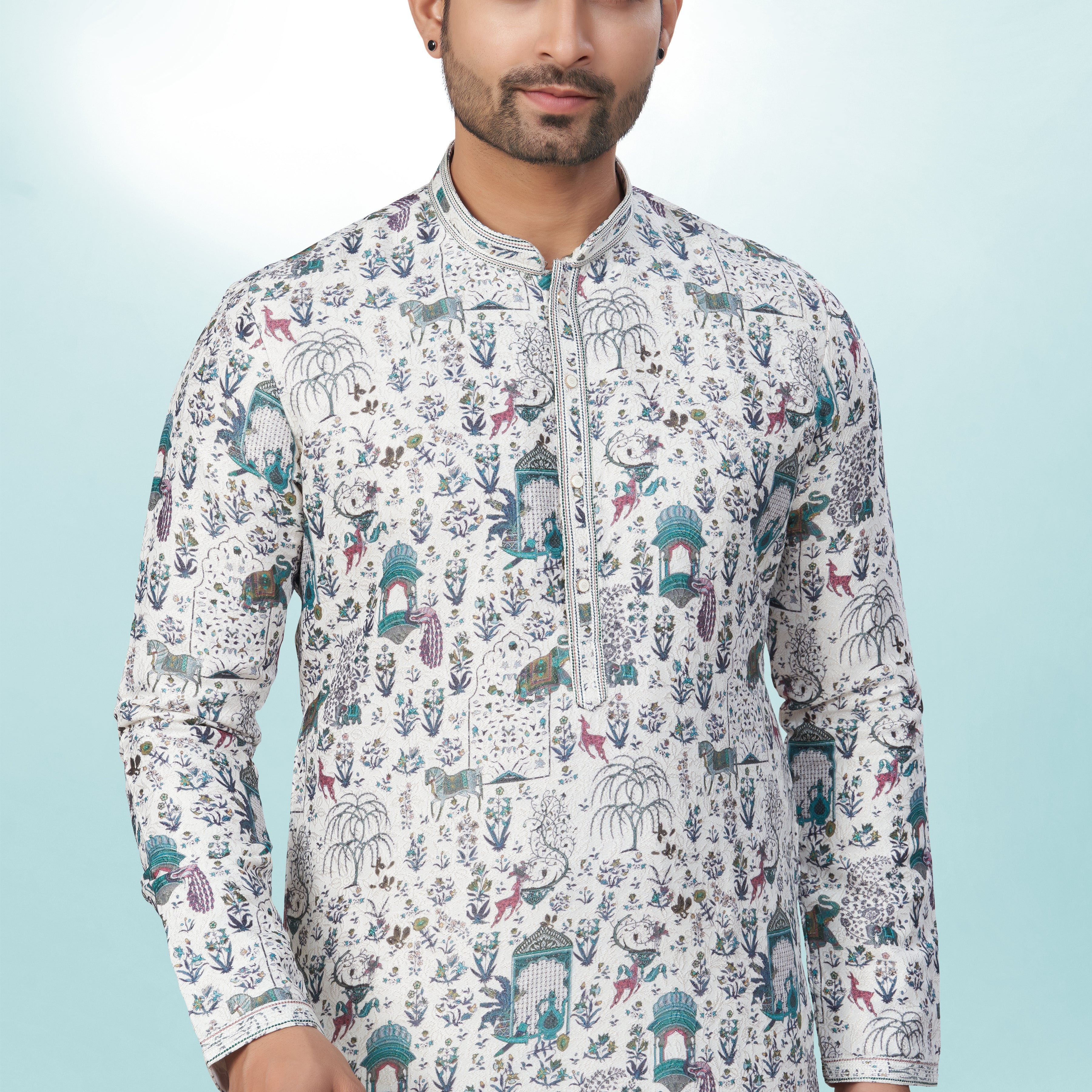White All-Over Printed Kurta for Men - Cotton lining