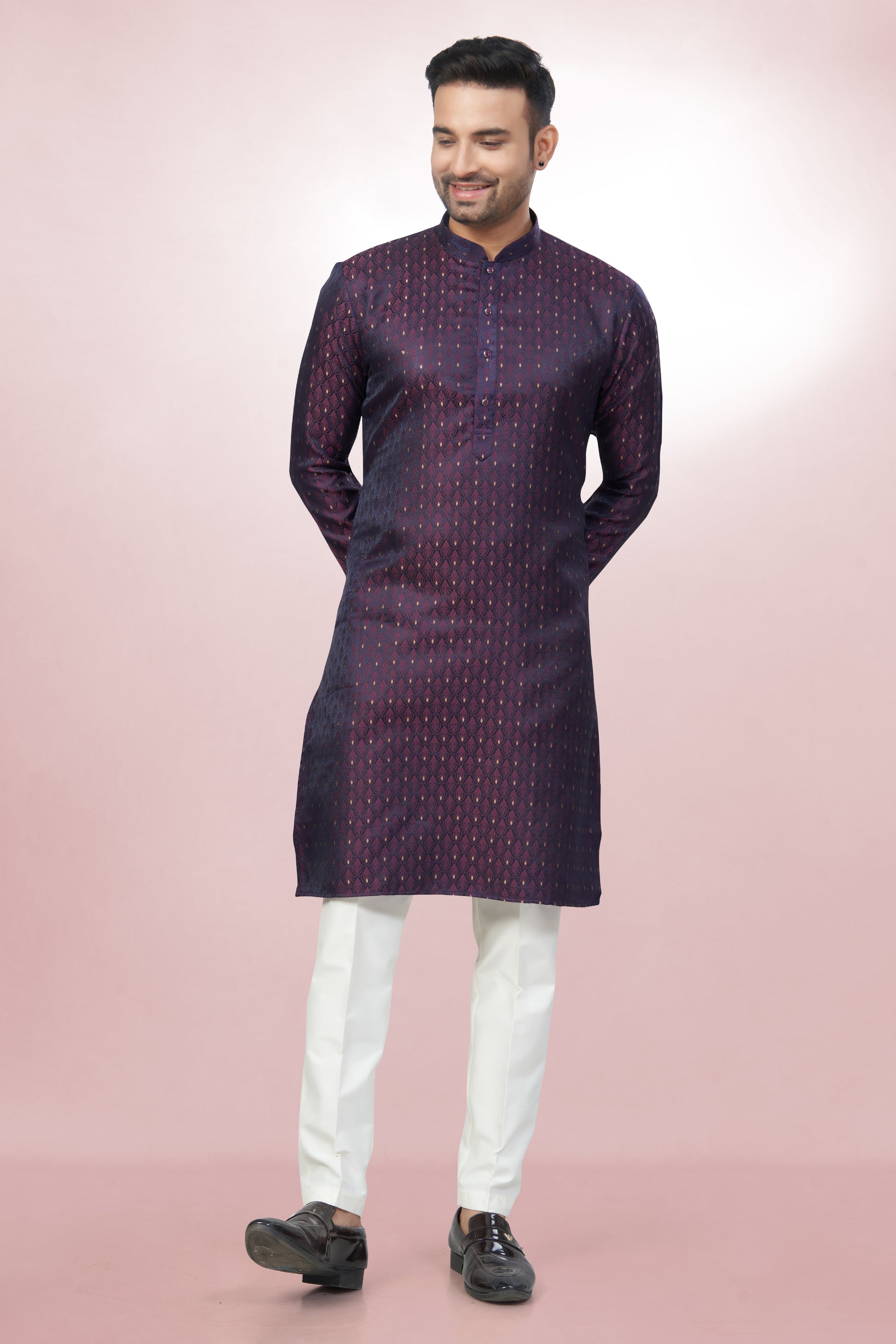 Self Design Purple Silk Kurta For Men | Silk/ Self- Woven Work