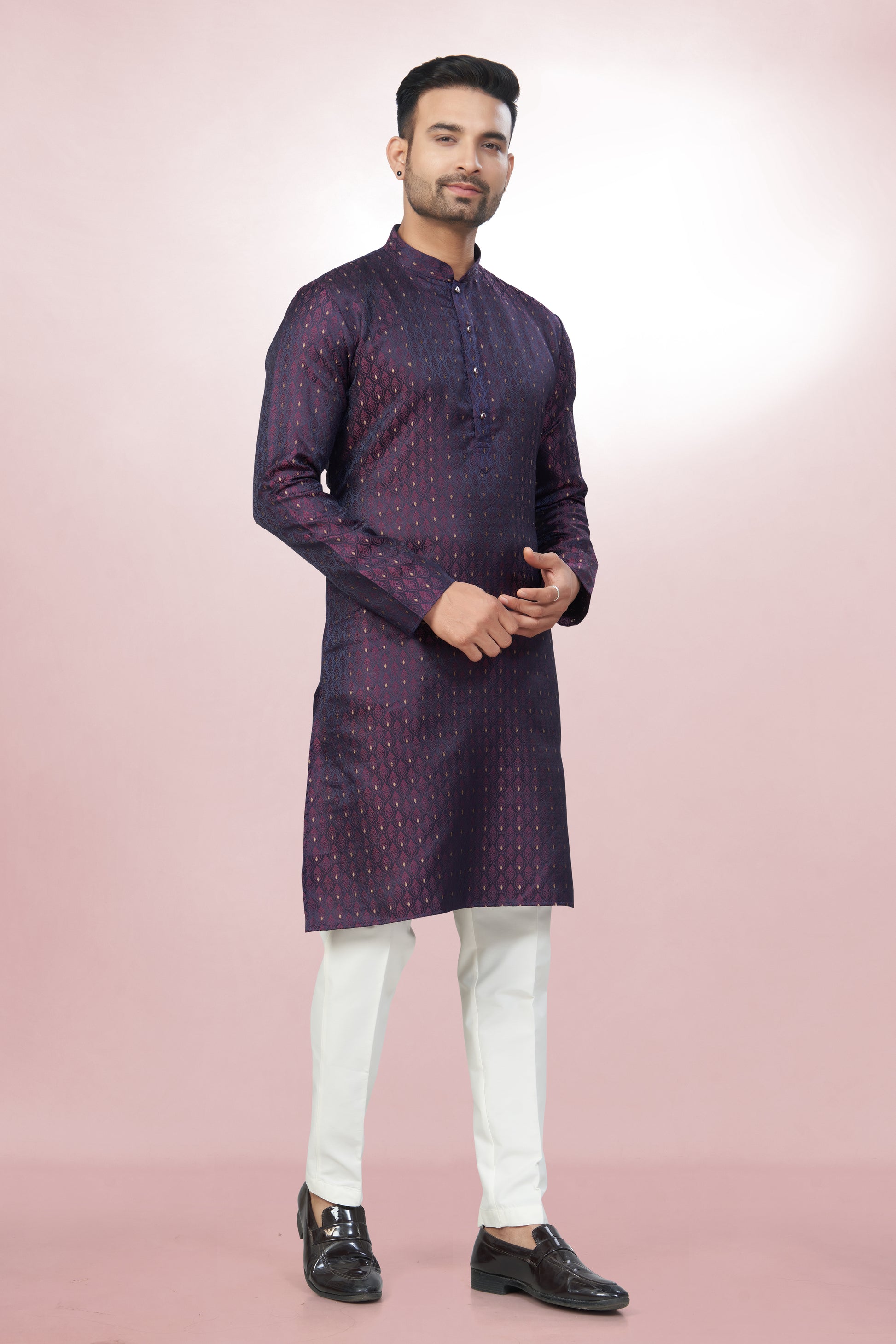 Self Design Purple Silk Kurta For Men | Silk/ Self- Woven Work