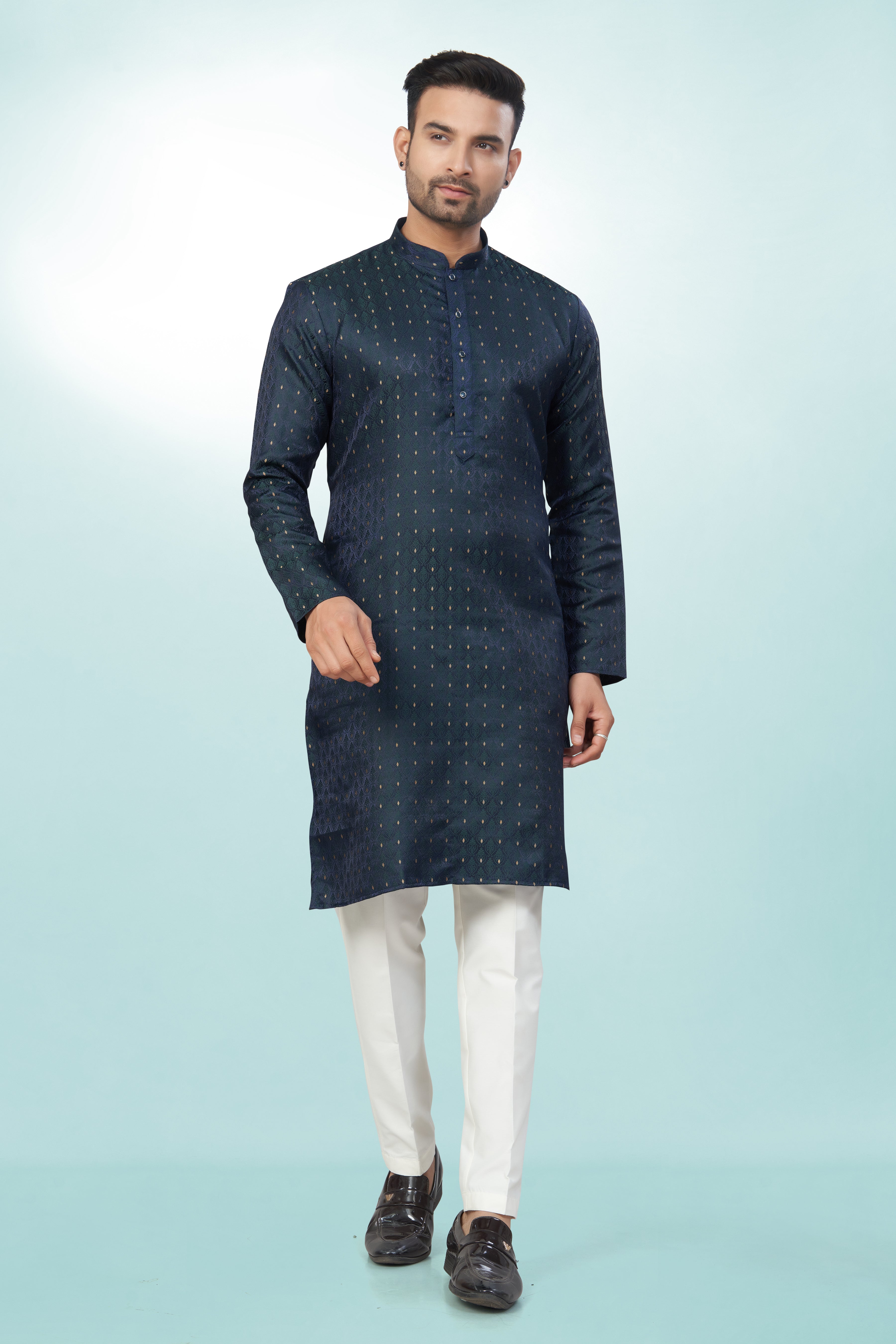 Self Design Rama Green Silk Kurta For Men | Silk/ Self- Woven Work
