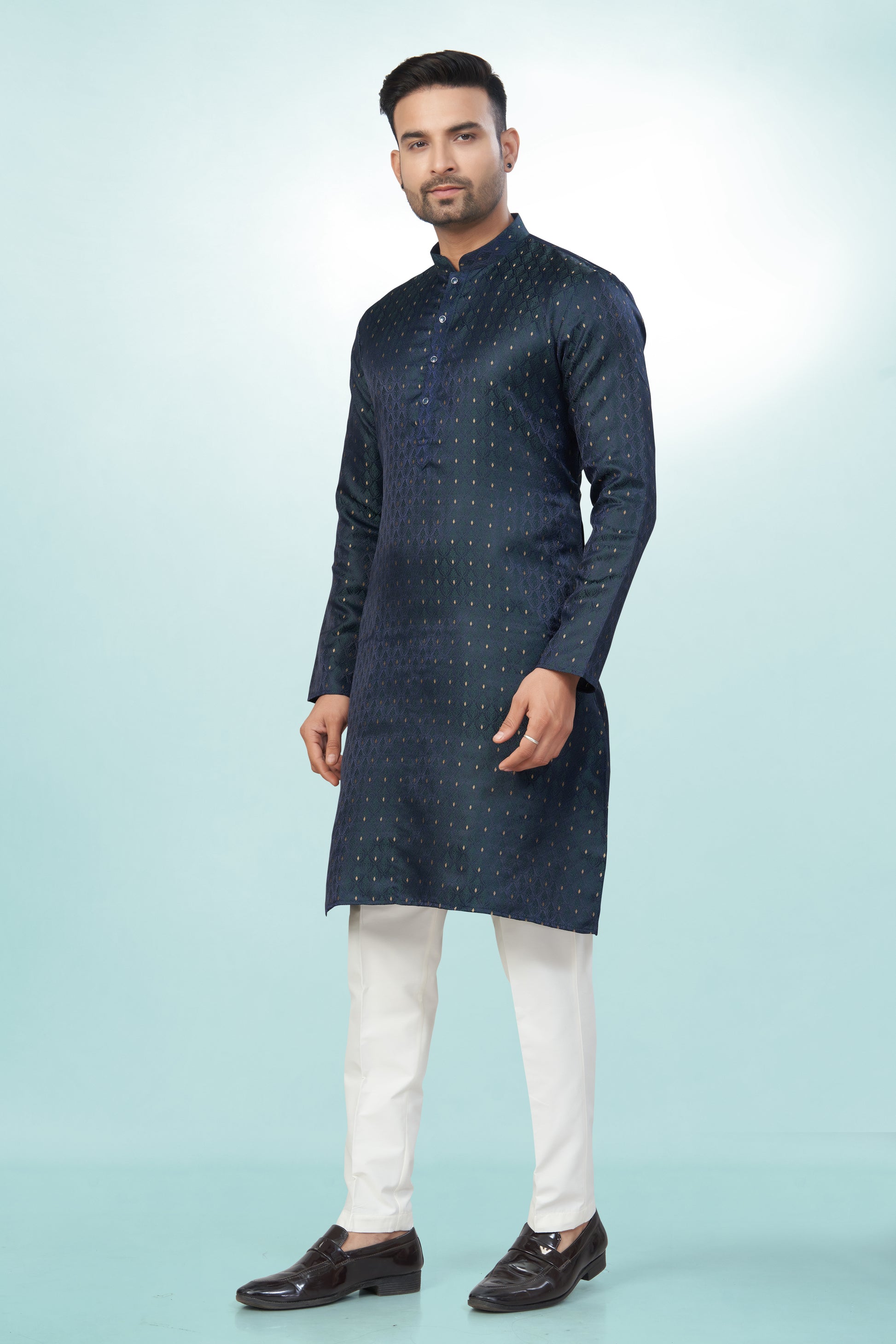 Self Design Rama Green Silk Kurta For Men | Silk/ Self- Woven Work