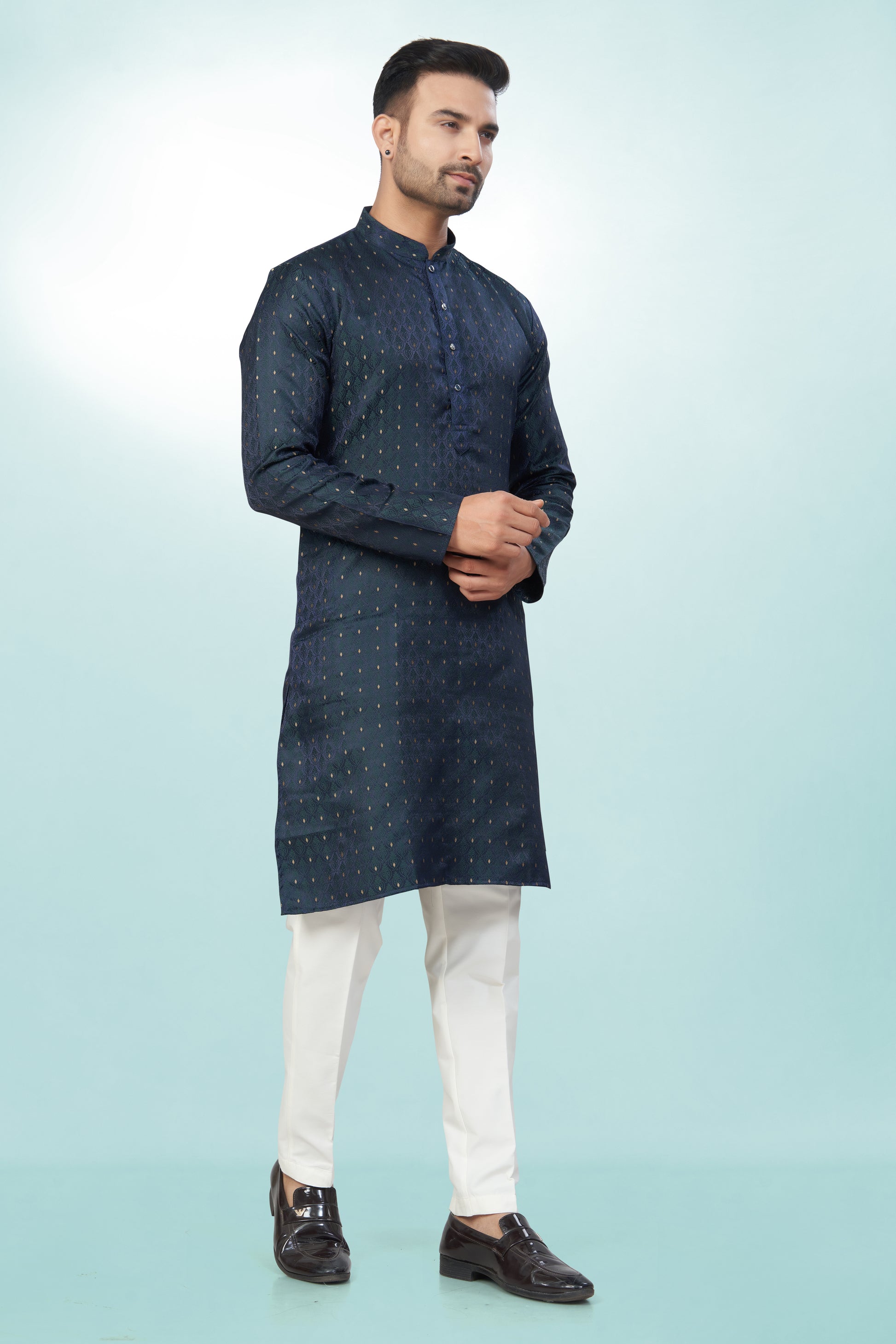 Self Design Rama Green Silk Kurta For Men | Silk/ Self- Woven Work