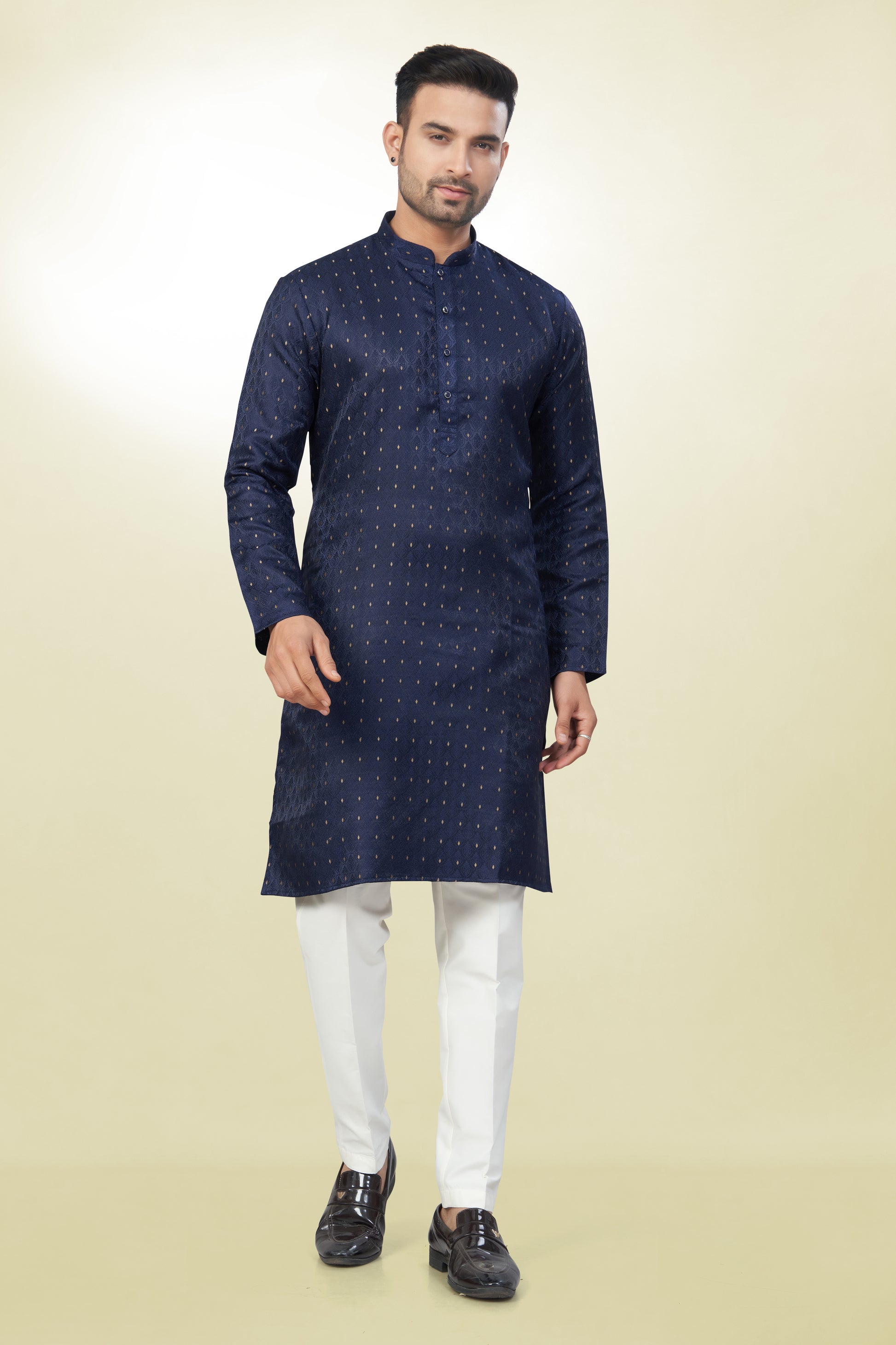 Self Design Navy Blue Silk Kurta | Silk/ Self- Woven Work