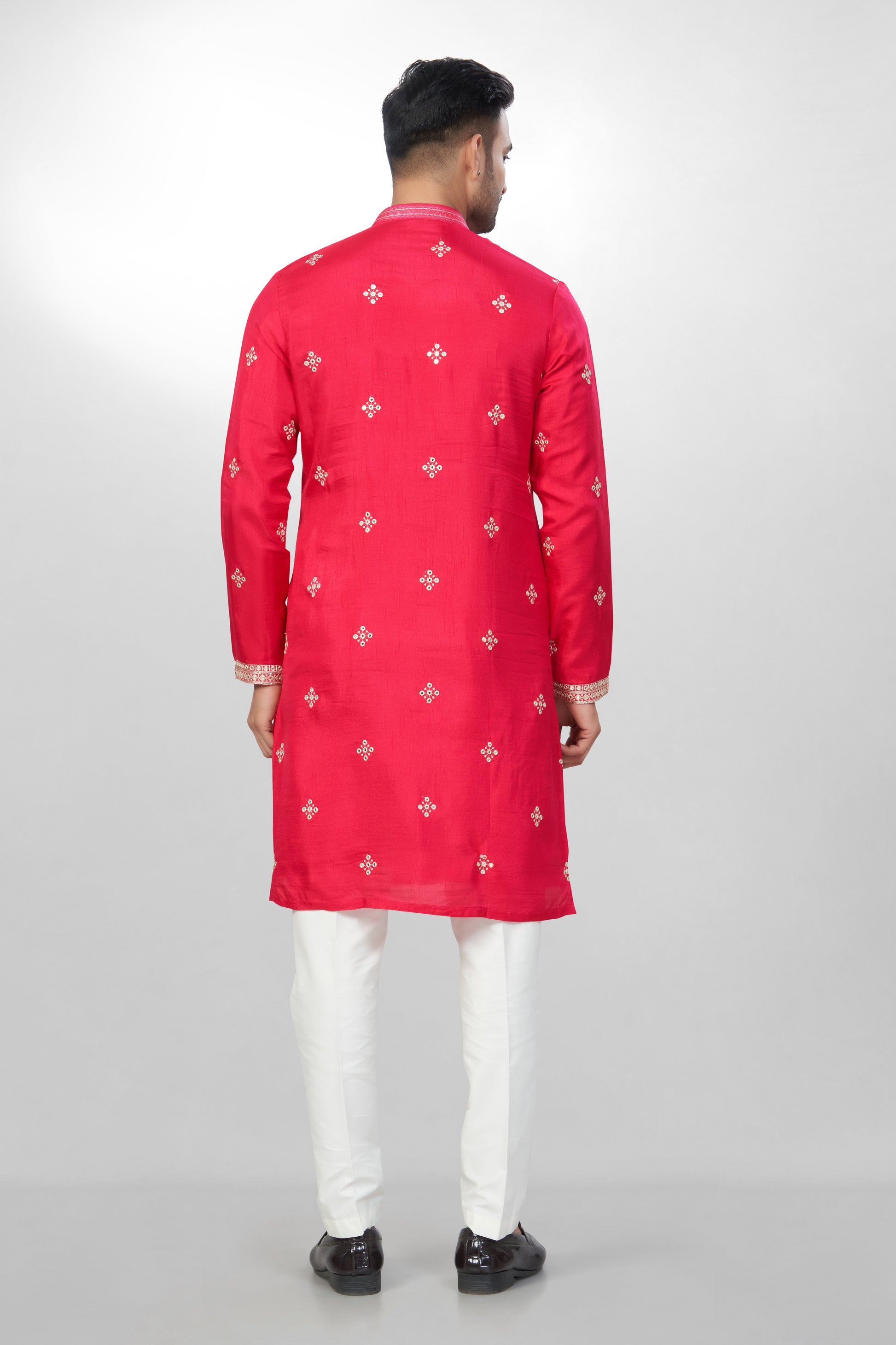 Lustrous Rani red Silk Kurta for men - Heavy Mirror & Thread Embroidery