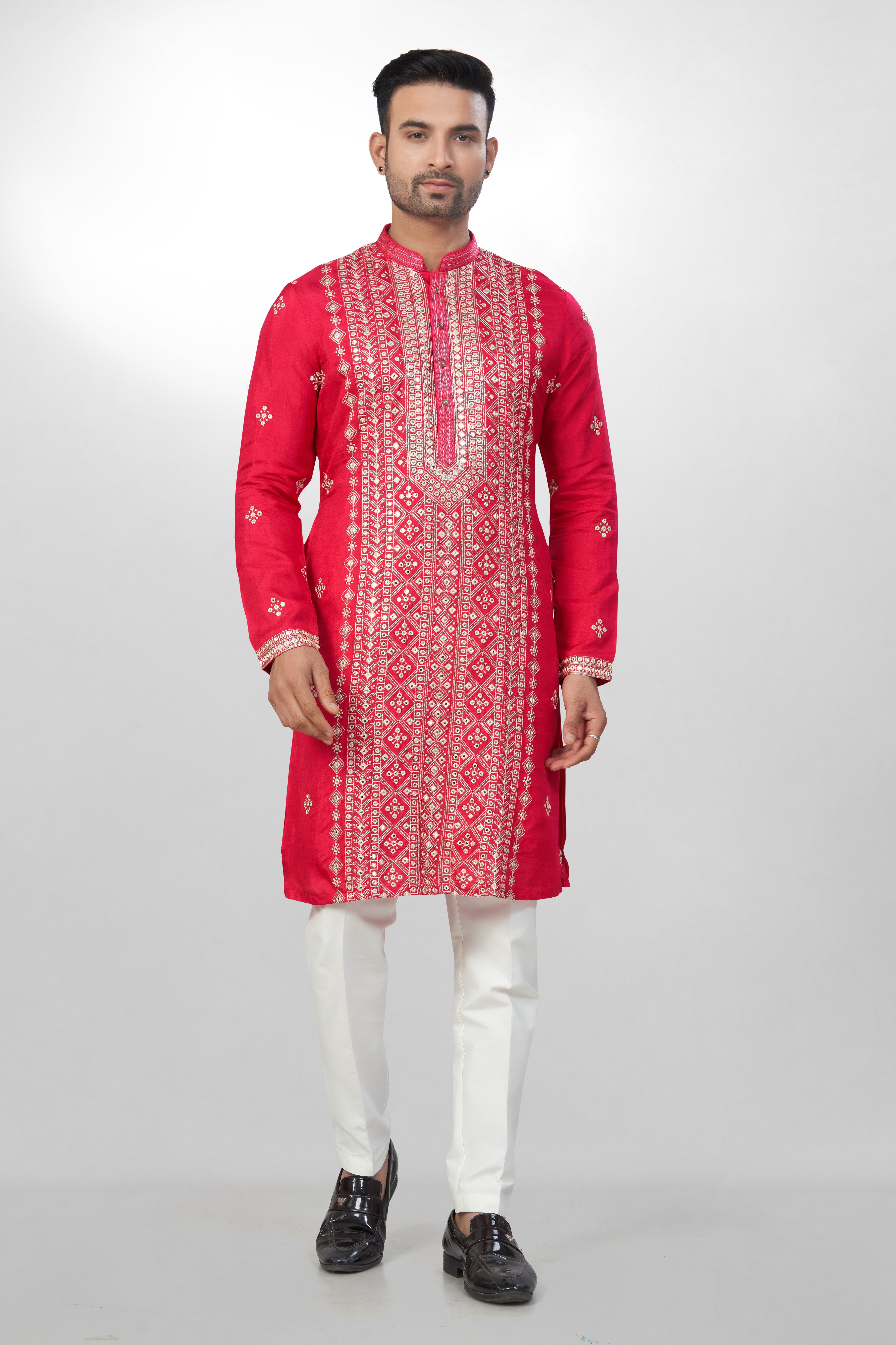 Lustrous Rani red Silk Kurta for men - Heavy Mirror & Thread Embroidery