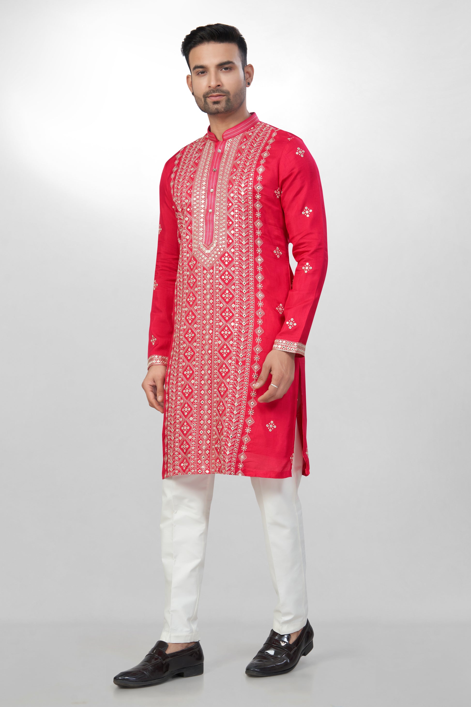 Lustrous Rani red Silk Kurta for men - Heavy Mirror & Thread Embroidery