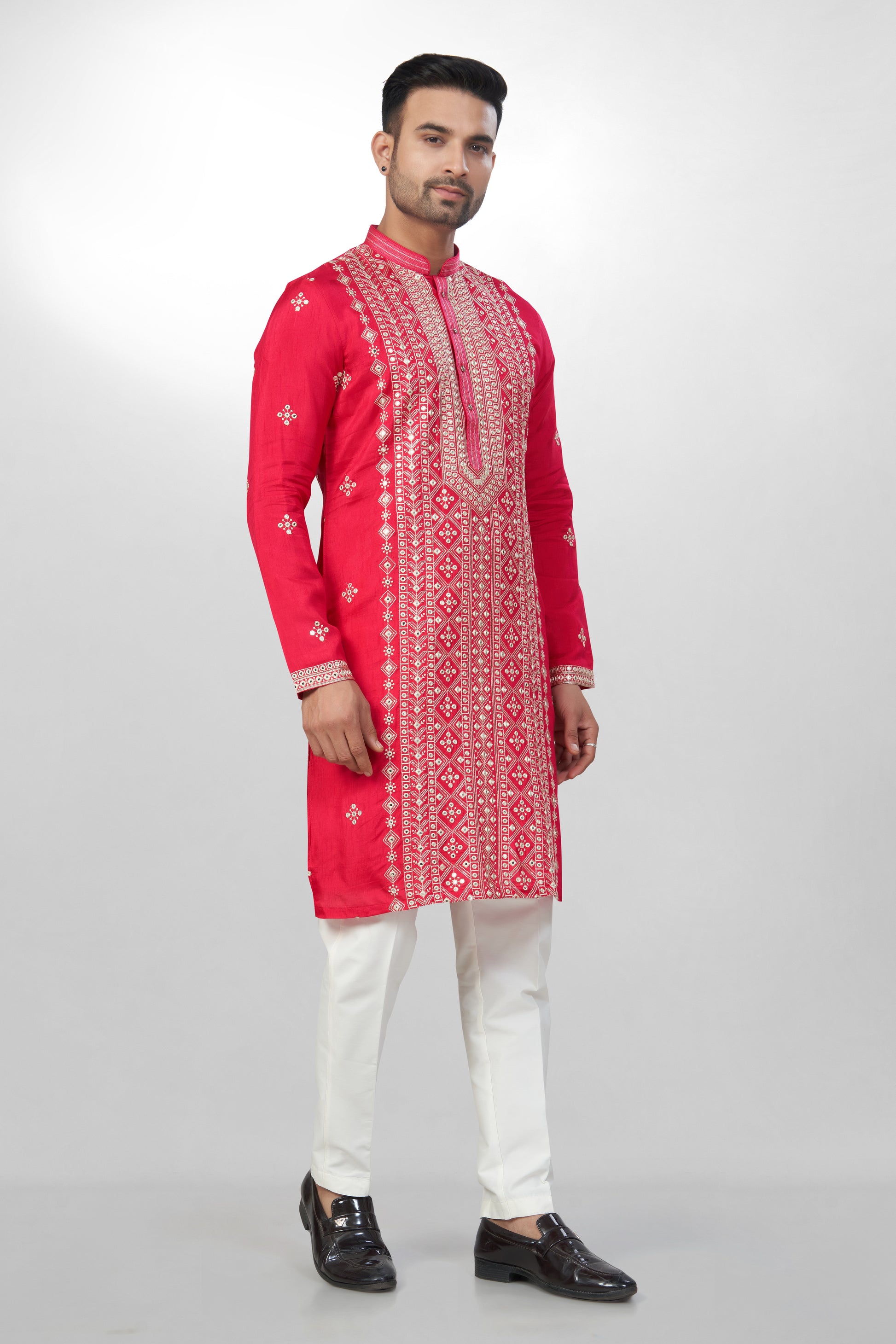 Lustrous Rani red Silk Kurta for men - Heavy Mirror & Thread Embroidery