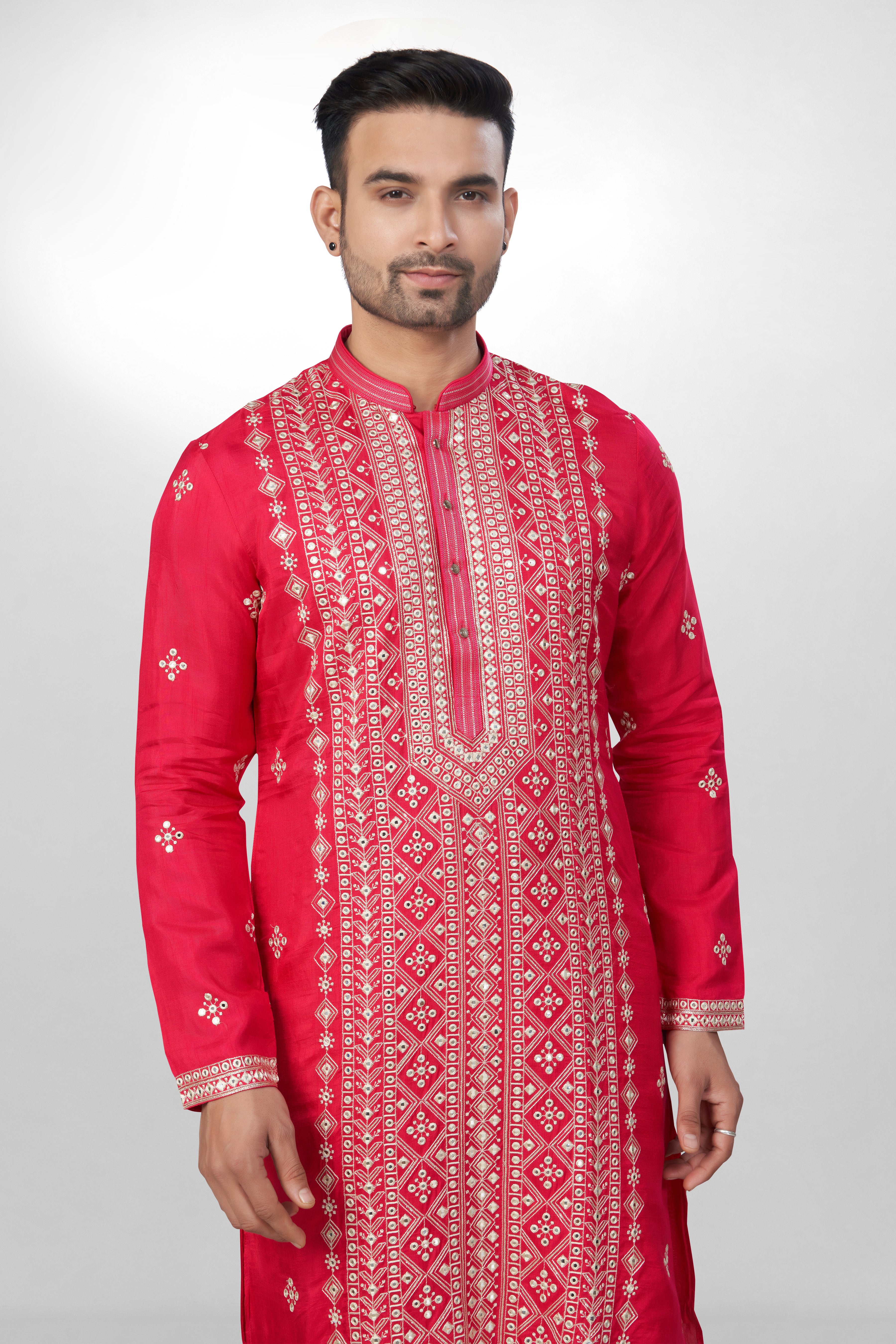 Lustrous Rani red Silk Kurta for men - Heavy Mirror & Thread Embroidery