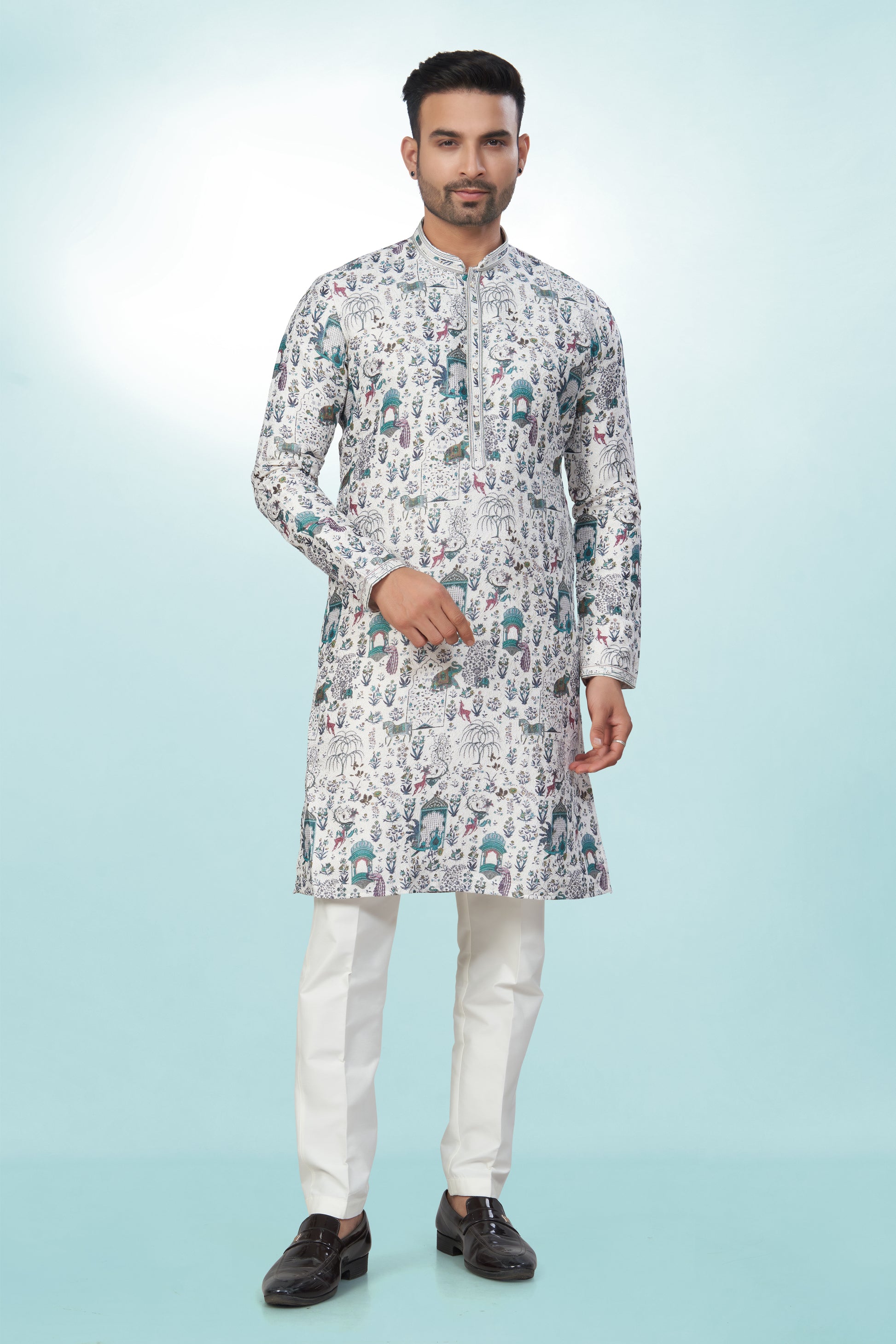 White All-Over Printed Kurta for Men - Cotton lining