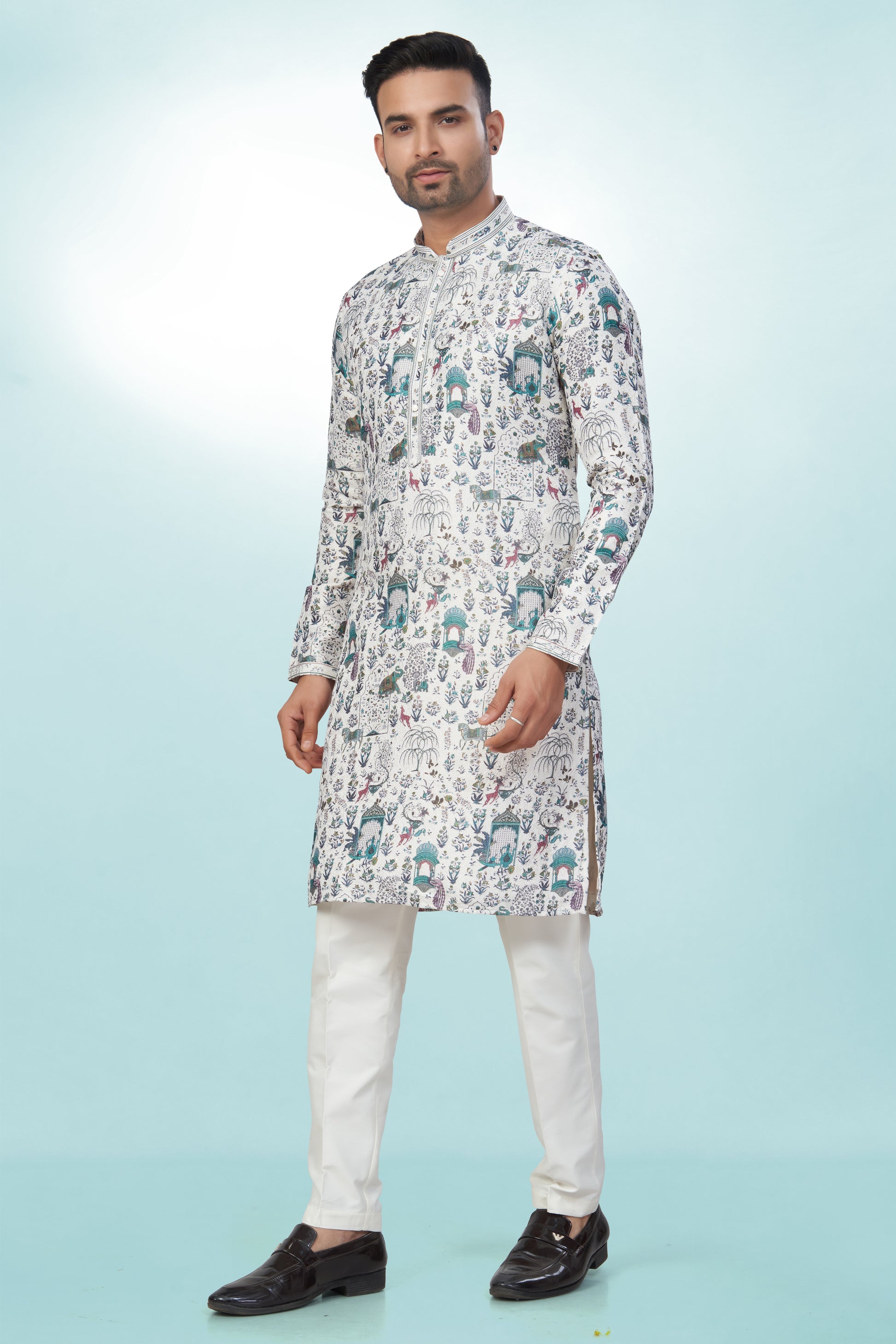 White All-Over Printed Kurta for Men - Cotton lining