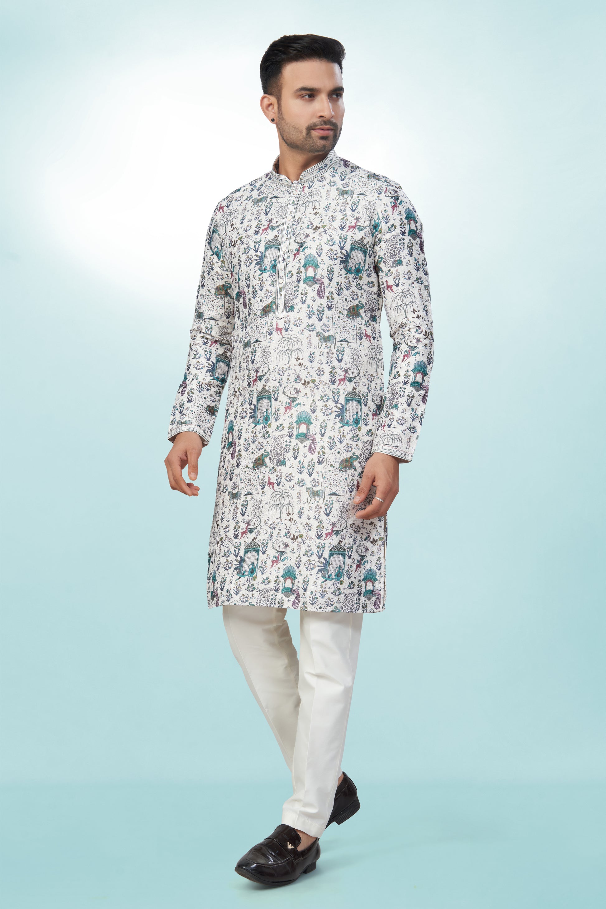 White All-Over Printed Kurta for Men - Cotton lining